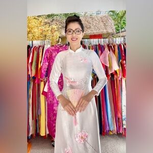 Ao dai sen van go, Vietnamese traditional long dress set white trang 🎁 l m 2 4